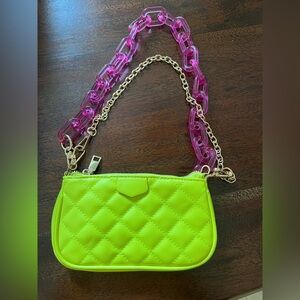 Beginning Boutique Neon Quilted Mini Bag with Pink Chain Strap